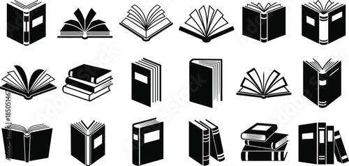 Collection of black and white book icons in various open and closed states books open book