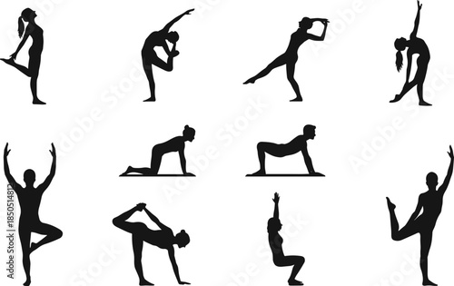 Collection of black silhouettes of people performing yoga poses pilates fitness