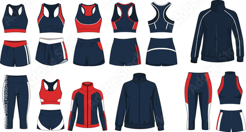 Collection of dark blue and red athletic wear including sports bras shorts jackets and leggings vector