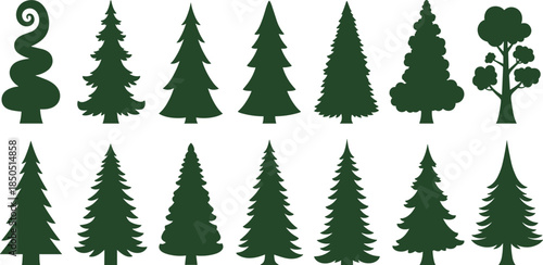 Collection of dark green tree silhouettes with varied shapes and sizes nature forest