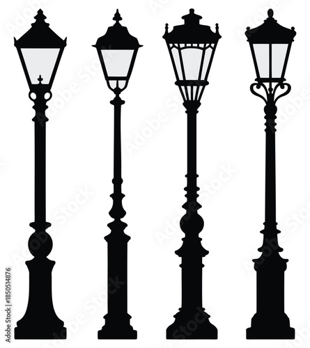 Silhouette set of vintage ornate street lampposts with decorative bases and lamps isolated on white