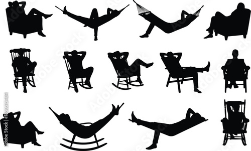 Silhouettes of people relaxing in chairs and hammocks person