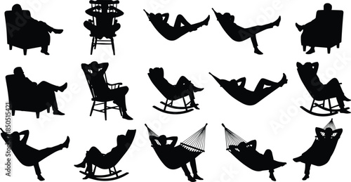 Silhouettes of people relaxing in chairs and hammocks sitting lying