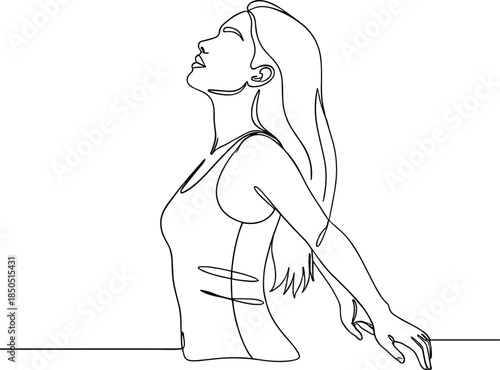 Single line drawing of a woman with arms outstretched looking up female continuous line
