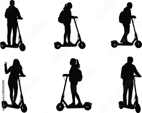 Six black silhouettes of people riding electric scooters on white background person