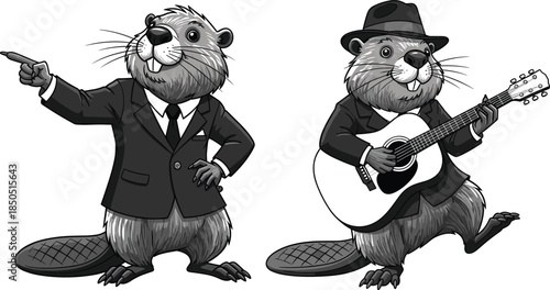 Two cartoon beavers one pointing and one playing guitar animal illustration