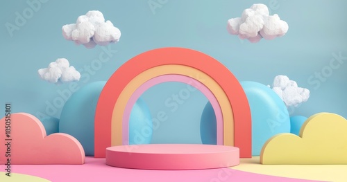 A colorful, playful stage with a rainbow and clouds, ideal for events or presentations.