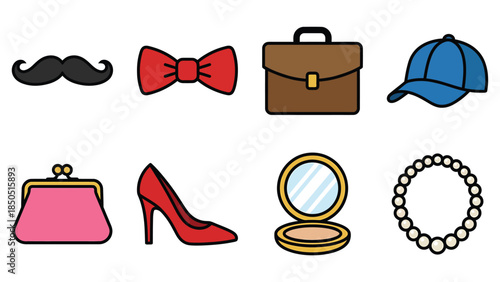 Mens and Womens Fashion Accessories Icons Set Bowtie Briefcase Hat Moustache High Heel Purse Powder Compact Necklace Collection Vector Flat Illustration