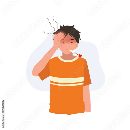 young man feeling sick at home checking fever with thermometer