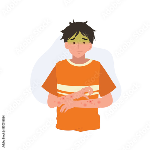 a man with eczema dermatitis and red rash on arms showing allergy symptoms