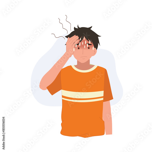 sick man holding head with sweat drops showing headache and fever symptoms