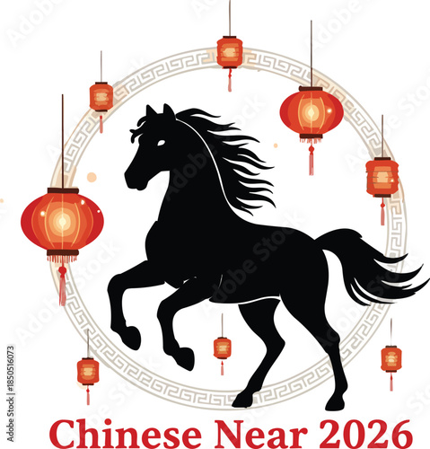 PrintChinese New Year 2026 with rearing horse, red lanterns, and traditional circular frame in vector design