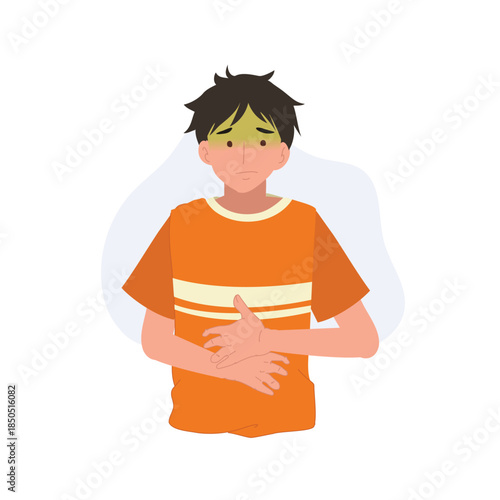 stomach pain illustration of young man holding abdomen with digestive discomfort health problem concept