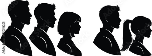 Black human profile silhouettes of men and women facing opposite directions isolated on white background for identity, diversity, and design concepts