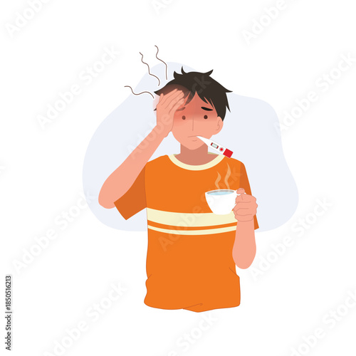 a sick man checking fever with a thermometer while holding a hot drink. flu symptoms and illness concept.