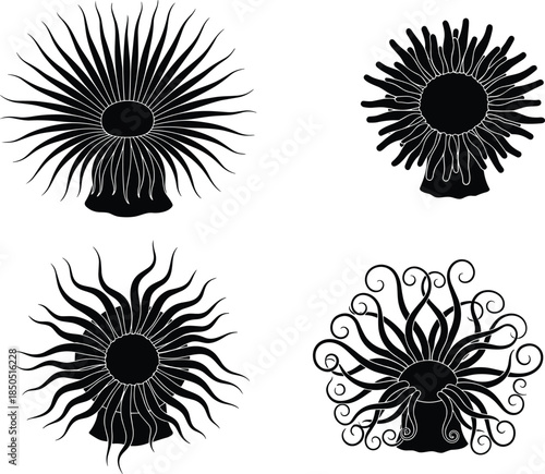 Black sea anemone silhouettes set with organic tentacle shapes, marine life icons, abstract underwater creatures isolated on white background