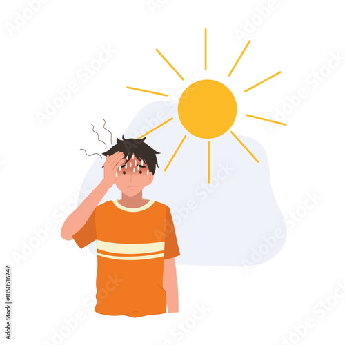 young boy experiencing heatwave and hot weather, sweating under strong sun outdoors during summer