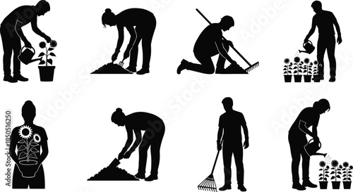 Black silhouette set of people gardening and farming activities showing planting, watering, digging, raking, and sustainable agriculture concepts