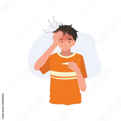 fever sick man holding thermometer health symptom. illness concept.