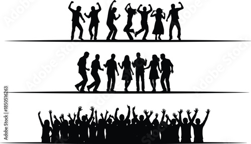 Black silhouettes of dancing people and cheering crowd, festive celebration concept with energetic party atmosphere isolated on white background
