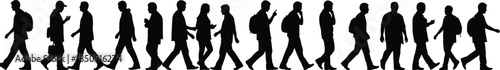 Black silhouettes of people walking in a continuous line isolated on white background representing daily life, urban movement, commuting, and crowd behavior concepts