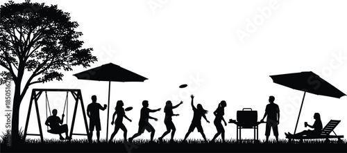 Black silhouettes of family and friends enjoying outdoor park activities with swings, barbecue, games, and relaxation isolated on white background