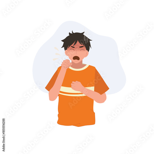 cough symptom and respiratory illness concept. young adult man coughing with chest discomfort