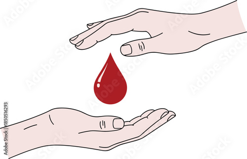 Blood donation concept illustration showing caring hands with red blood drop symbolizing healthcare support, medical aid, lifesaving charity, and human compassion