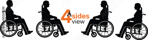 Black wheelchair user silhouettes in side profile showing four views isolated on white background for disability, accessibility, and medical design concepts