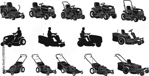 Collection of lawn mower and riding mower silhouettes showing various garden equipment types, landscaping machines, and outdoor maintenance tools