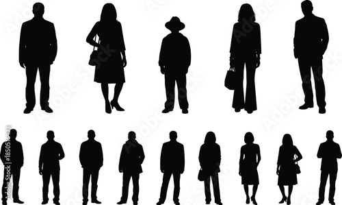 Collection of male and female human silhouettes standing isolated on white background representing diversity anonymity lifestyle and social identity concepts