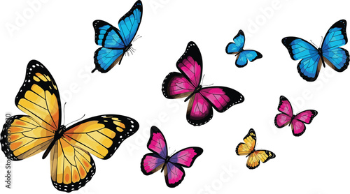 Colorful butterfly collection illustration featuring vibrant blue, pink, and yellow butterflies flying together, symbolizing nature beauty, freedom, and spring design