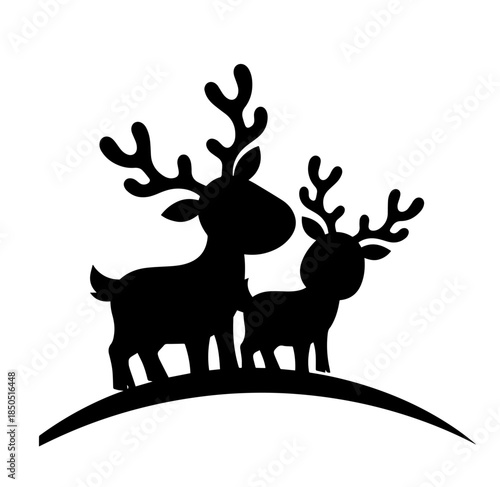A charming black silhouette features a parent reindeer and a smaller fawn standing side-by-side on a curved hill, displaying their stylized antlers in a heartwarming monochrome design