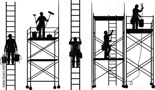 Construction workers silhouettes on scaffolding and ladders isolated on white background representing building maintenance teamwork safety and industrial labor