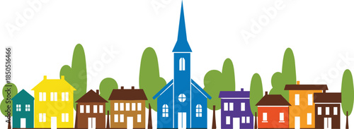 Colorful village town illustration with houses, church, and trees creating a friendly neighborhood skyline in flat vector style