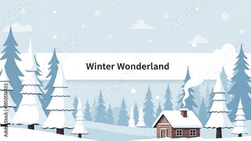 Snowy landscape with a cozy cabin and pine trees in a serene winter wonderland scene