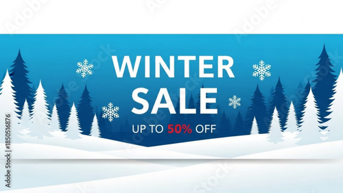 Winter sale advertisement with snowflakes and trees on blue background offering up to 50
