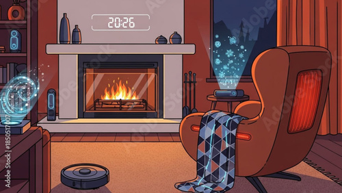 Cozy living room with fireplace, robot vacuum, and glowing orbs on side tables at night