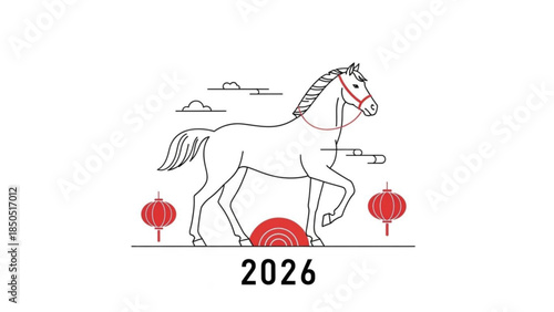 Chinese zodiac horse illustration with red lanterns and clouds for 2026