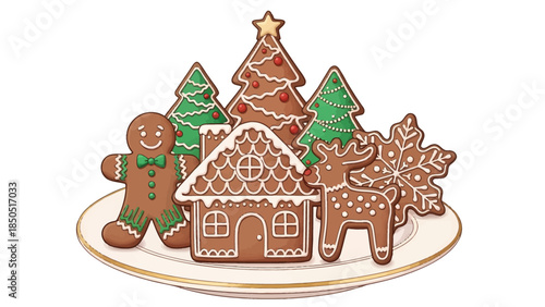 Assortment of festive gingerbread cookies on a plate.