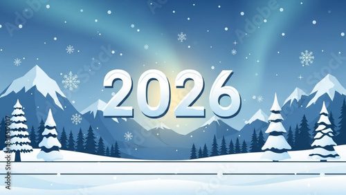 Snowy mountain landscape with 2026 text, snowy trees, and falling snowflakes at night
