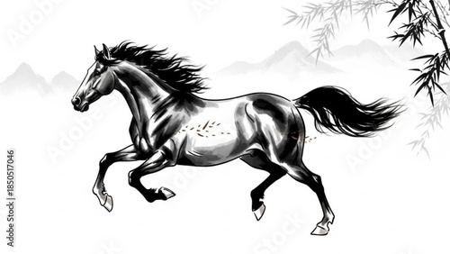 A black and white illustration of a running horse with a flowing mane and tail, set