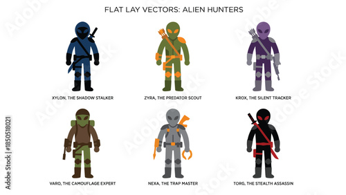Flat Lay Vector Illustration of Alien Hunters Space Themed Character Set for Games and Comics