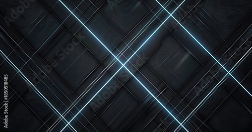 A dark, textured background with intersecting blue light beams creating a dynamic visual effect.