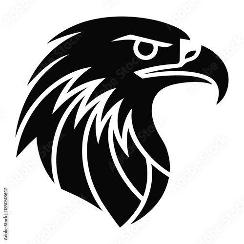 Bold black and white illustration of eagle head in profile, majestic bird of prey with sharp beak and intense eye, featuring stylized feathers