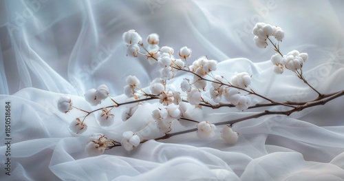 A delicate branch of white flowers rests on soft, flowing fabric, creating a serene composition.