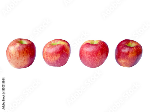 Four fresh red apples in a row on a white background, each with unique shape and color variations, ideal for themes of counting, comparison, or healthy eating.
