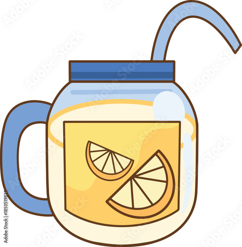 a glass jar with lemonade and a straw