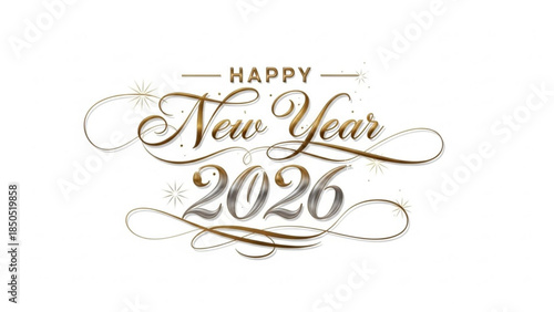 Happy new year 2026 gold silver elegant typography white background celebration