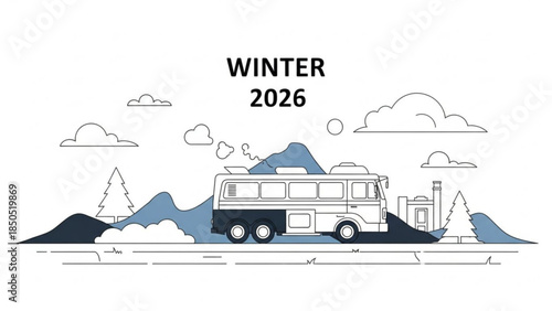 Winter 2026 scenic landscape with camper van parked near mountains and trees under cloudy sky